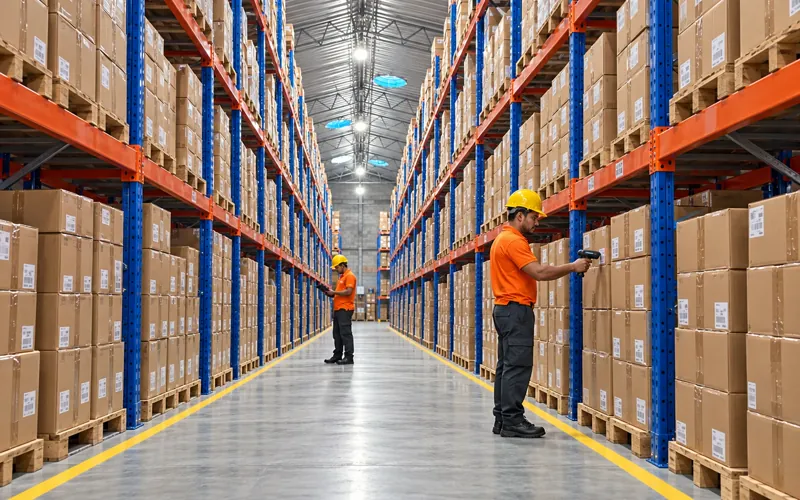 Operarios de bodega revisando inventario entre racks de almacenamiento