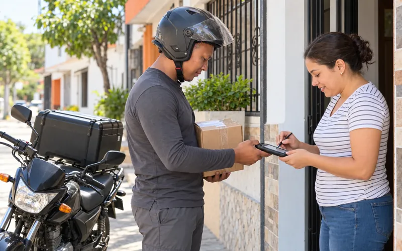 Mensajero en moto entregando un paquete y tomando la firma de la clienta
