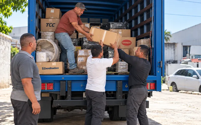 Equipo de Logincargo descargando cajas de un cami&oacute;n para su reexpedici&oacute;n